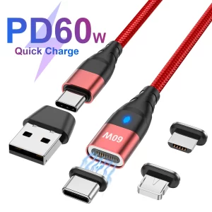 Magnetic Fast Charging Cable Magnet Data Cables 60W PD USB C USB To Type C Micro Lightning Charger Wire For iPhone 14 13 Samsung